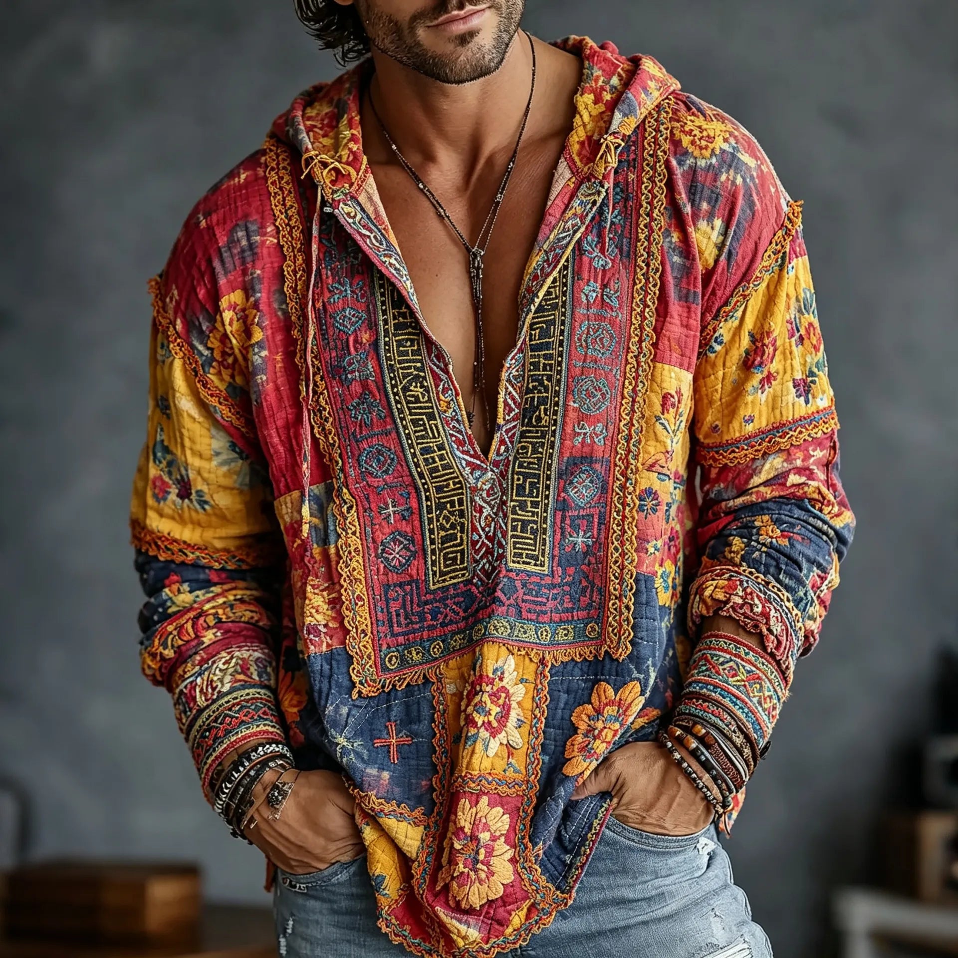 Men's Retro Floral  Patchwork Embroidered Art Print Flowy Linen Blend Casual  Hooded Shirt