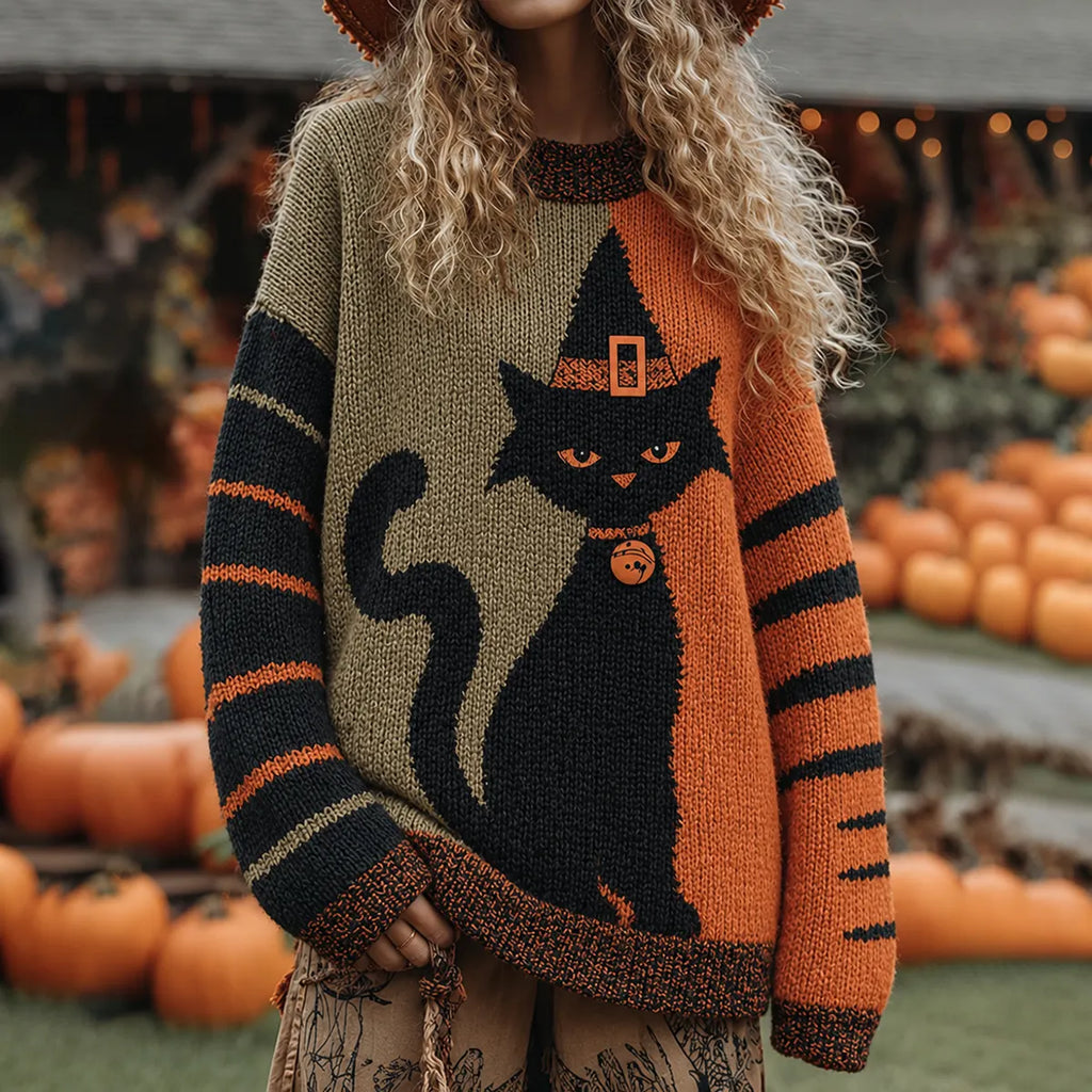Women's Vintage Halloween Pumpkin Cat Print Knitted Comfort Round Neck Sweater