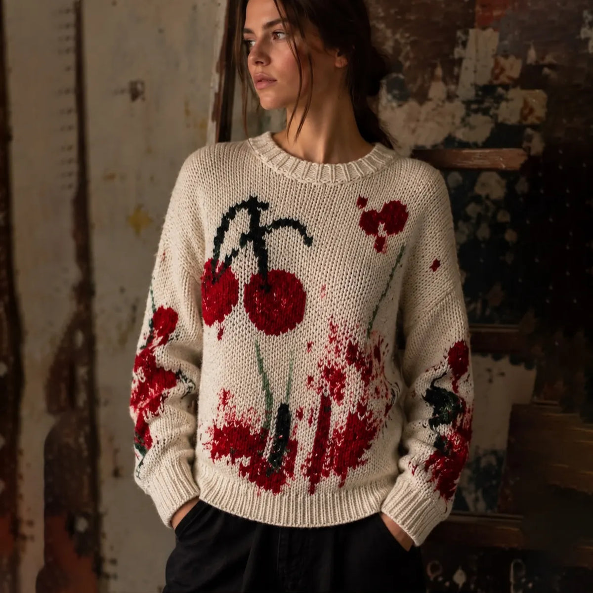 Women's Gothic Bloody Cherry Graphic Casual Sweater