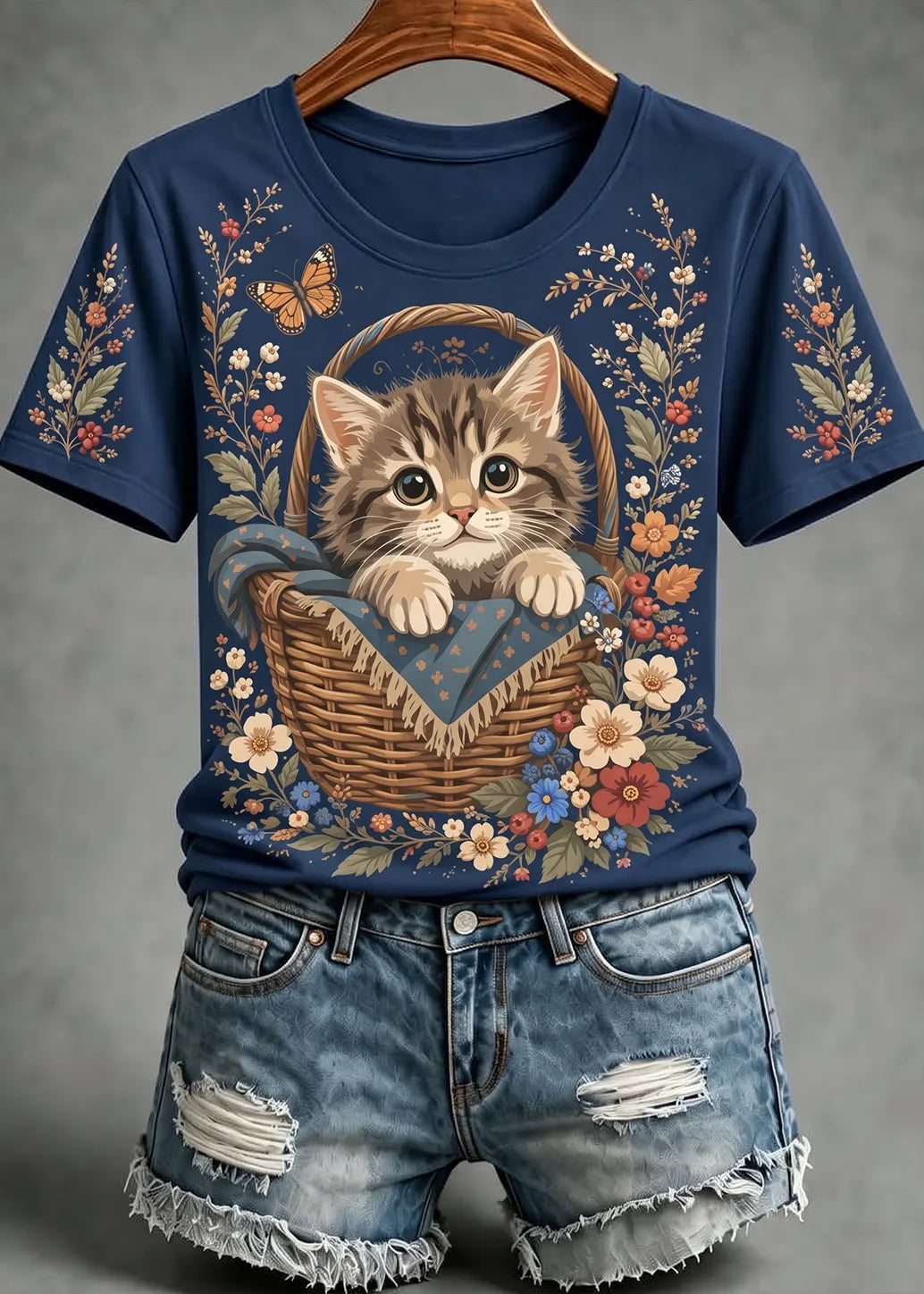 Women's Autumn Cute Cat Art Short Sleeve T-shirt