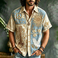 Men's Patchwork Denim Linen Short Sleeve Button Up Shirt, 3d Embroidery Guitar Peace Sign Sun Dove Floral Hippie Boho Vacation Shirt