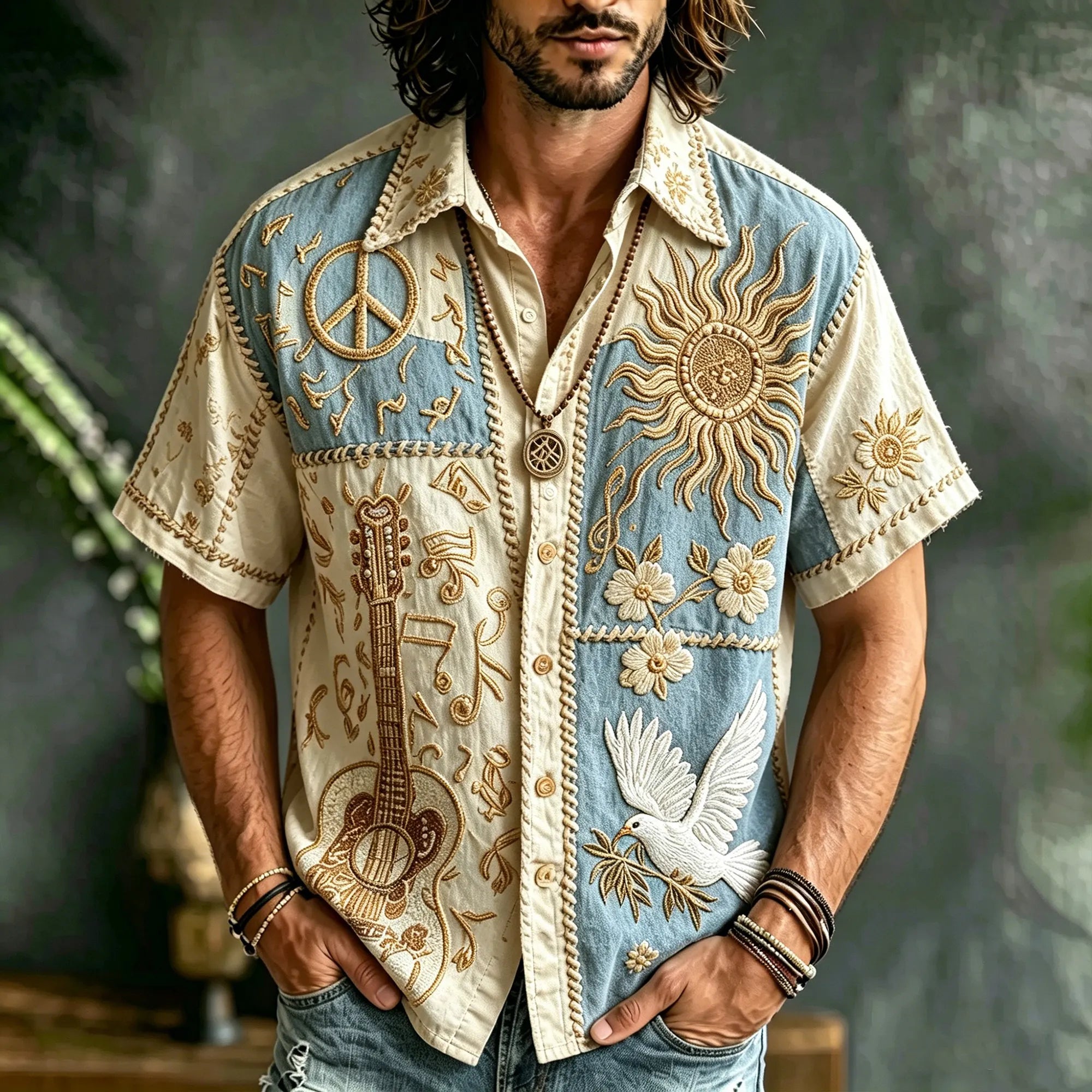 Men's Patchwork Denim Linen Short Sleeve Button Up Shirt, 3d Embroidery Guitar Peace Sign Sun Dove Floral Hippie Boho Vacation Shirt