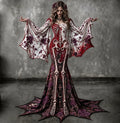 Women's Gothic Skeleton With Floral Batwing Flare Sleeve Round Neck Bodycon Maxi Dress – Halloween Costume