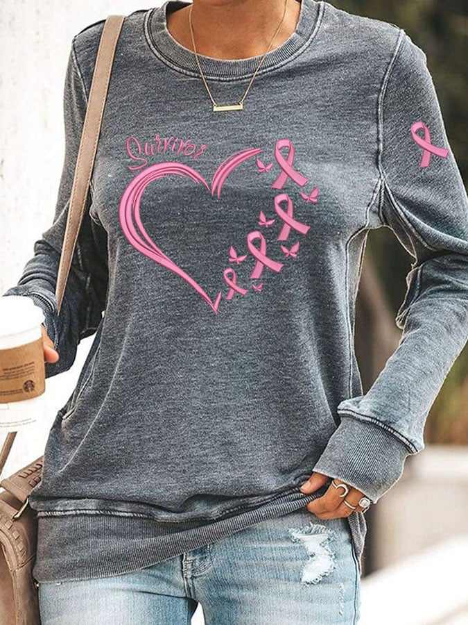 Women's Breast Cancer Awareness Heart Pink Ribbon Print Top