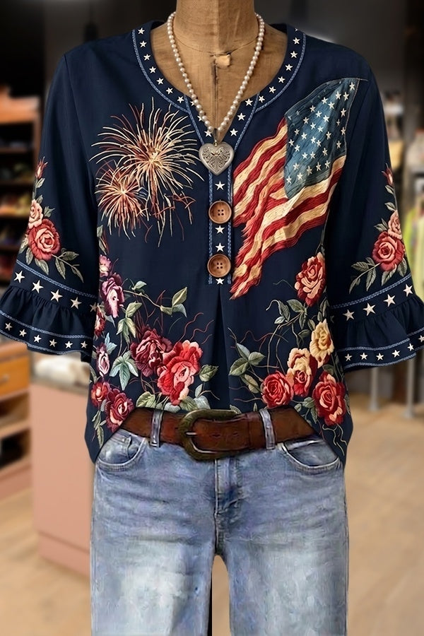 American Flag Floral Print Notch Neck Ruffle Sleeve Blouse