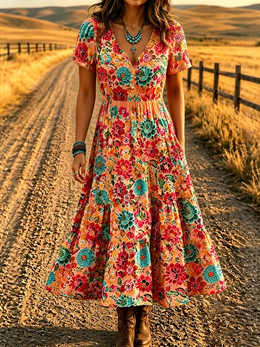Women'S Western Style V-Neck Short Sleeved Floral Pattern Dress