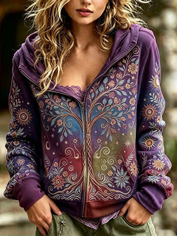 Women's Retro Hippie Floral And Tree Of Life Gradient Print Zippered Hoodie