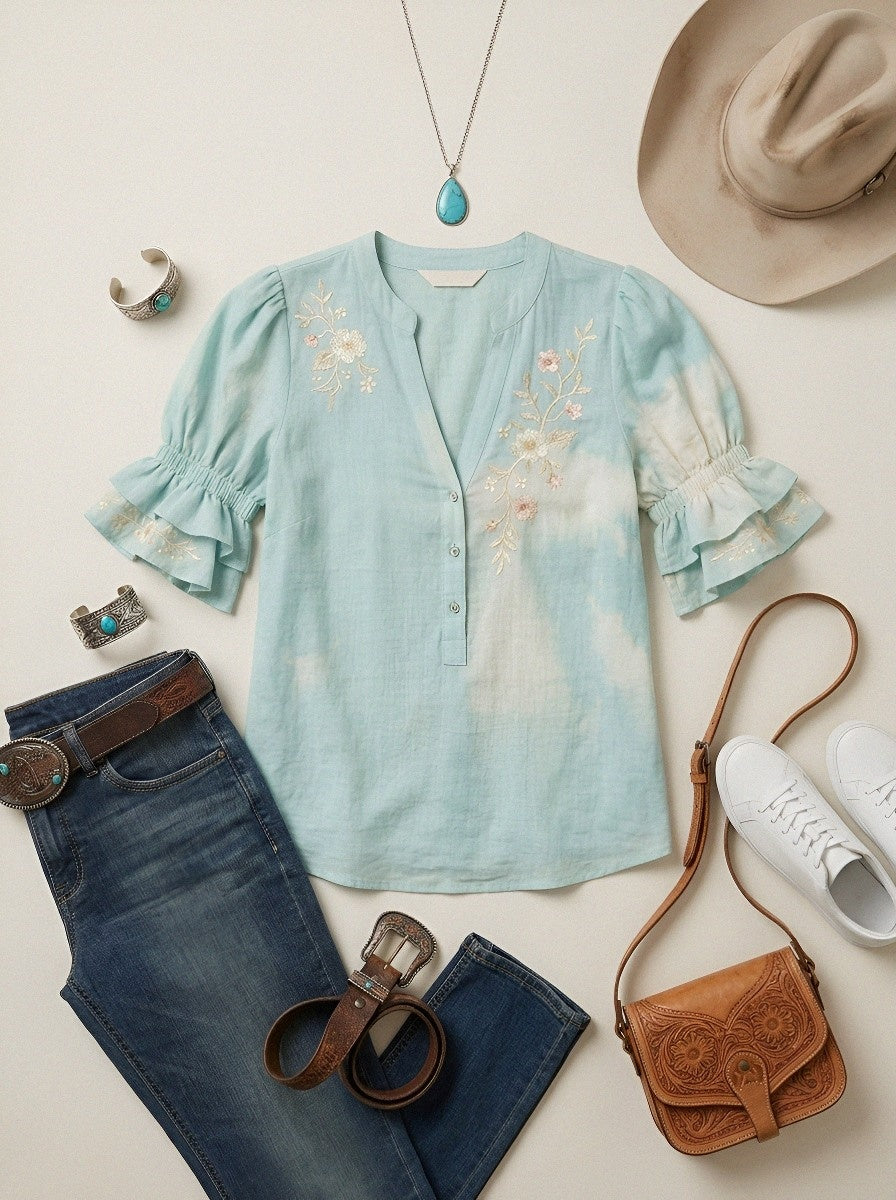 Women's Western Vintage Floral Embroidered Ruffle Sleeve Top