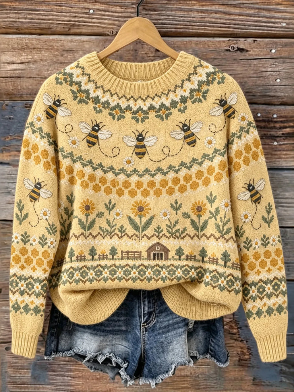 Women's Retro Cute Bee Ethnic Pattern Cozy Fair Isle Style Knit Sweater