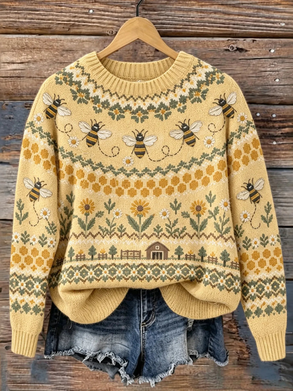 Women's Retro Cute Bee Ethnic Pattern Cozy Fair Isle Style Knit Sweater