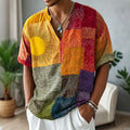 Men's Colorblock Peace Sign Print V Neck Short Sleeve Shirt