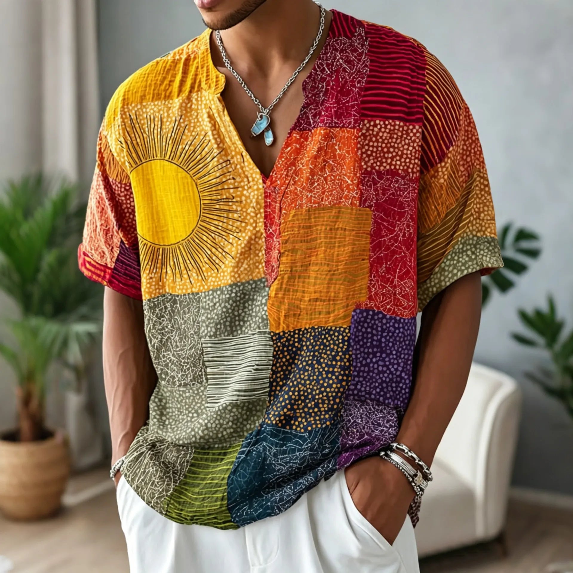 Men's Colorblock Peace Sign Print V Neck Short Sleeve Shirt