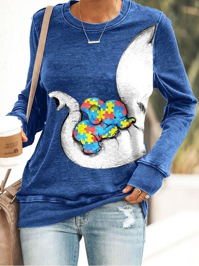 Women'S Autism Elephant And Baby Elephant Print Long Sleeve Sweatshirt