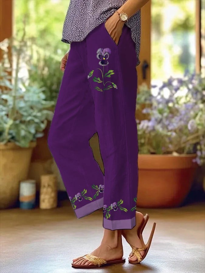 Women's Purple Floral Pansy Dementia Alzheimer's Disease Awareness Printed Cotton and Linen Casual Pants