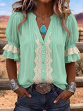 Women's Western Vintage Lace Trim Puff Sleeve Blouse