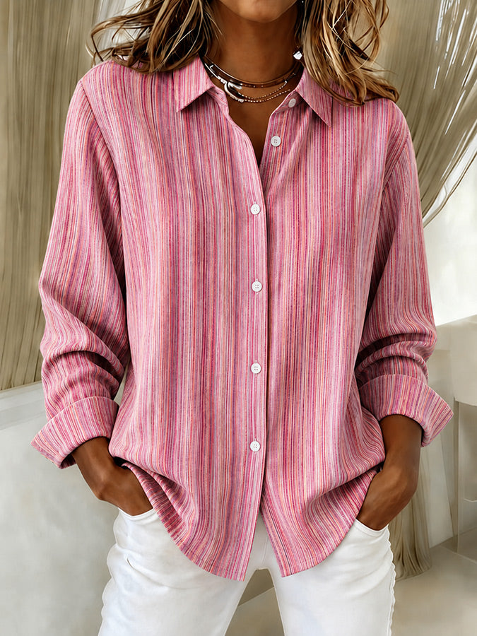 Women'S Striped Lapel Long Sleeved Shirt