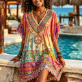 Women's Floral Peace Symbol Embroidered V-neck Short-sleeve Linen Blend Dress