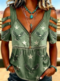 Women's Western Independence Day Eagle Star Printed Cold Shoulder T-shirt