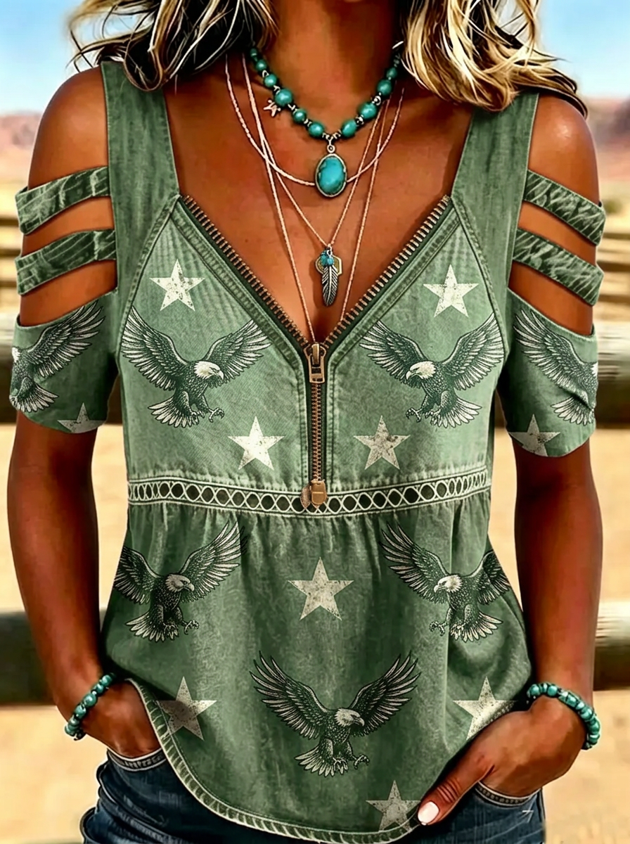 Women's Western Independence Day Eagle Star Printed Cold Shoulder T-shirt