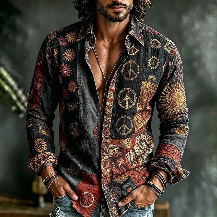 Men's Retro Hippie Peace Logo Color Block Print Casual Shirt
