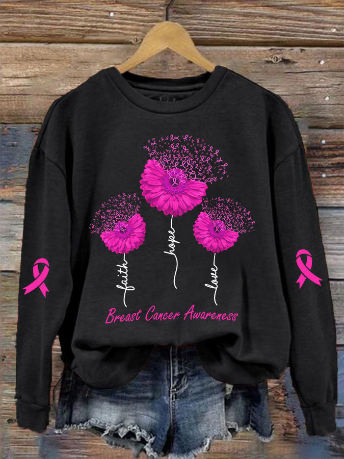 Women's Faith Hope Love Breast Cancer Awareness Daisy Print Crew Neck Sweatshirt