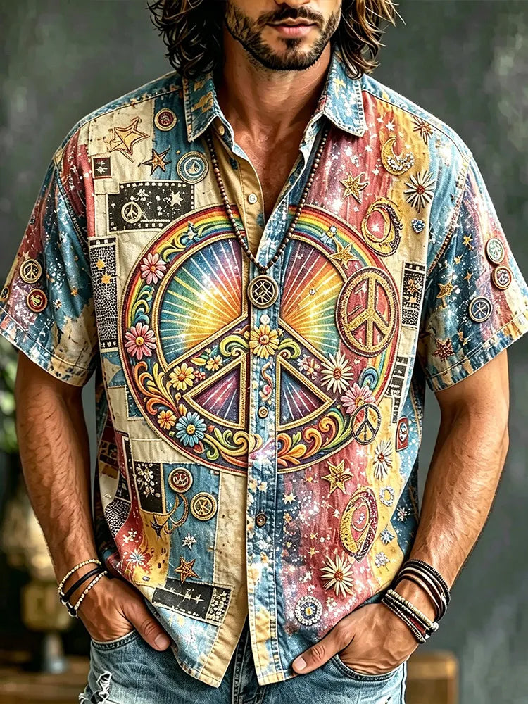 Vintage Hippie Patchwork Peace Sign Men Shirt