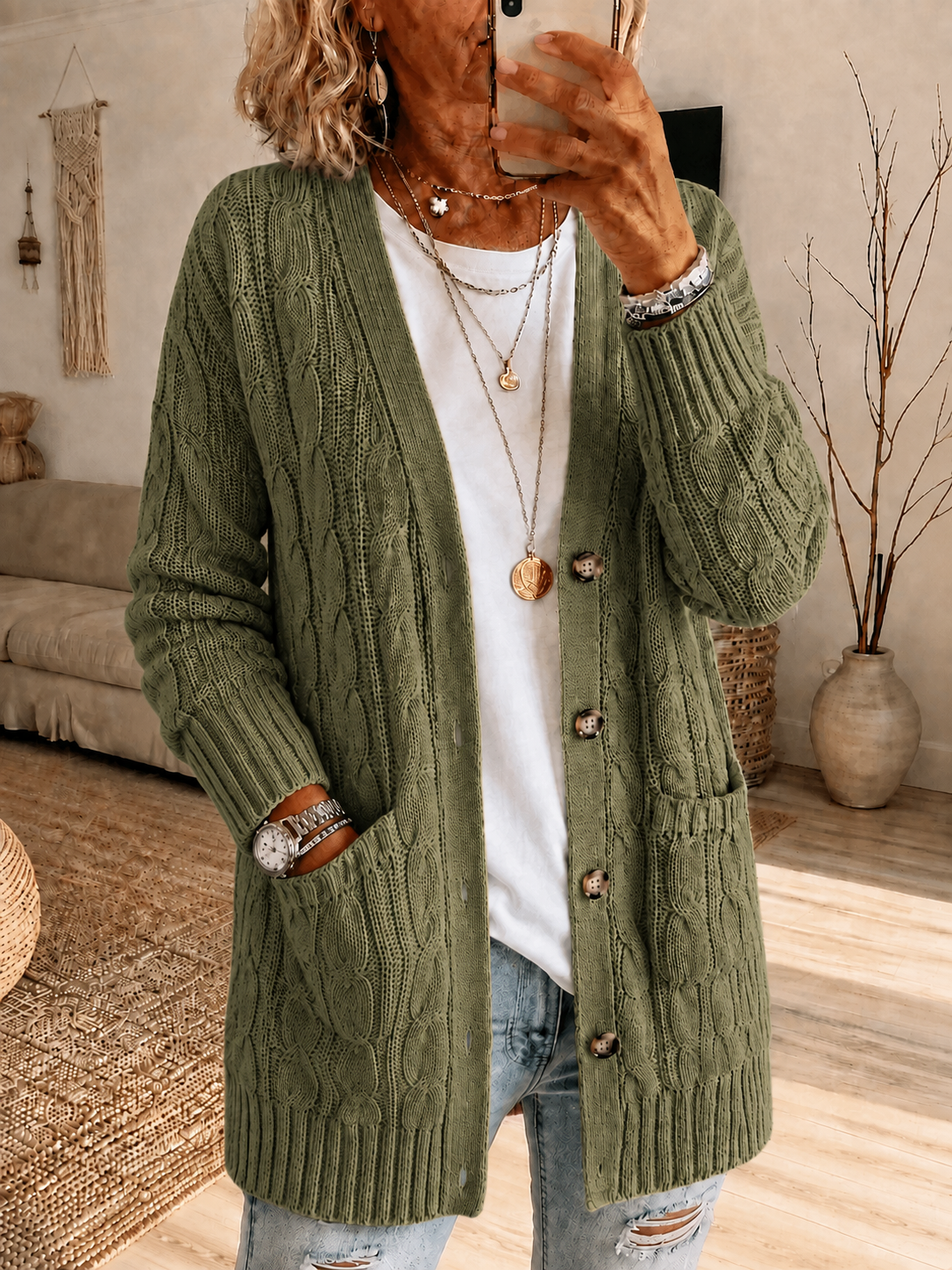 Women'S Pink Multi-Color Casual Cardigan Knitted Sweater Mid Length Top