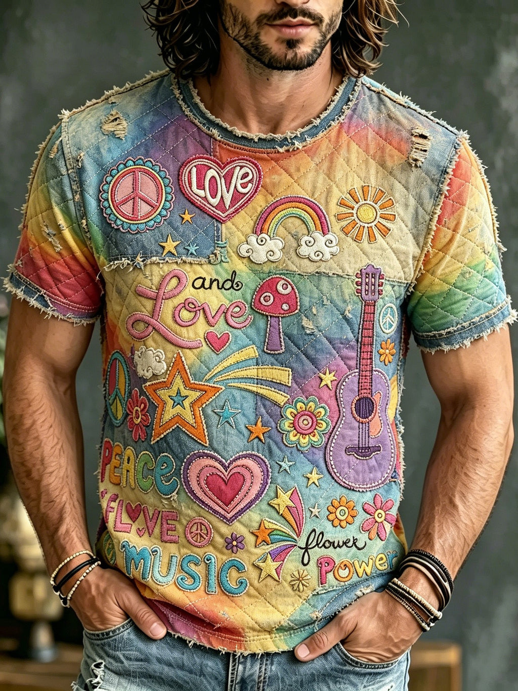 Men's Retro Hippie Style Embroidered Print T-shirt