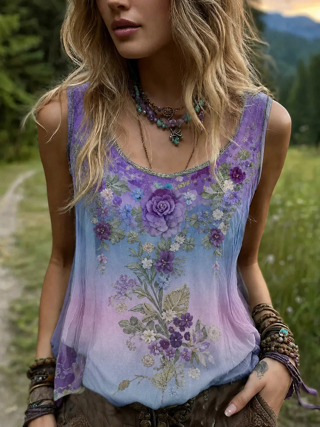 Vintage Classy Gradient Purple Lavender And Floral Embroidered Pattern Linen Tank Top