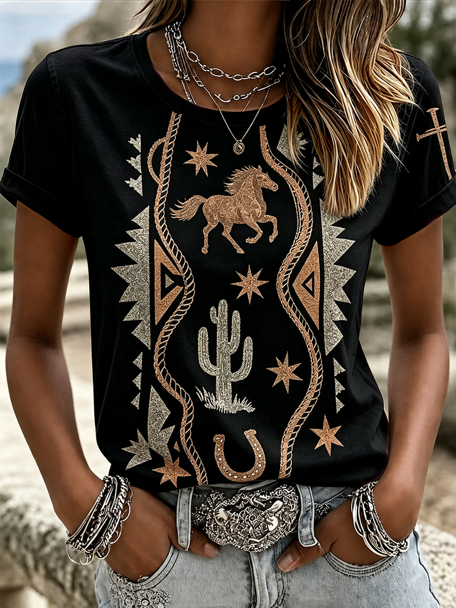 Women's Vintage Wash Cactus Horse Horseshoe Aztec Rope Graphic T-Shirt