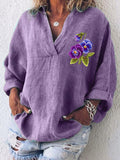 Women's Cotton And Linen Purple Floral V-Neck Top