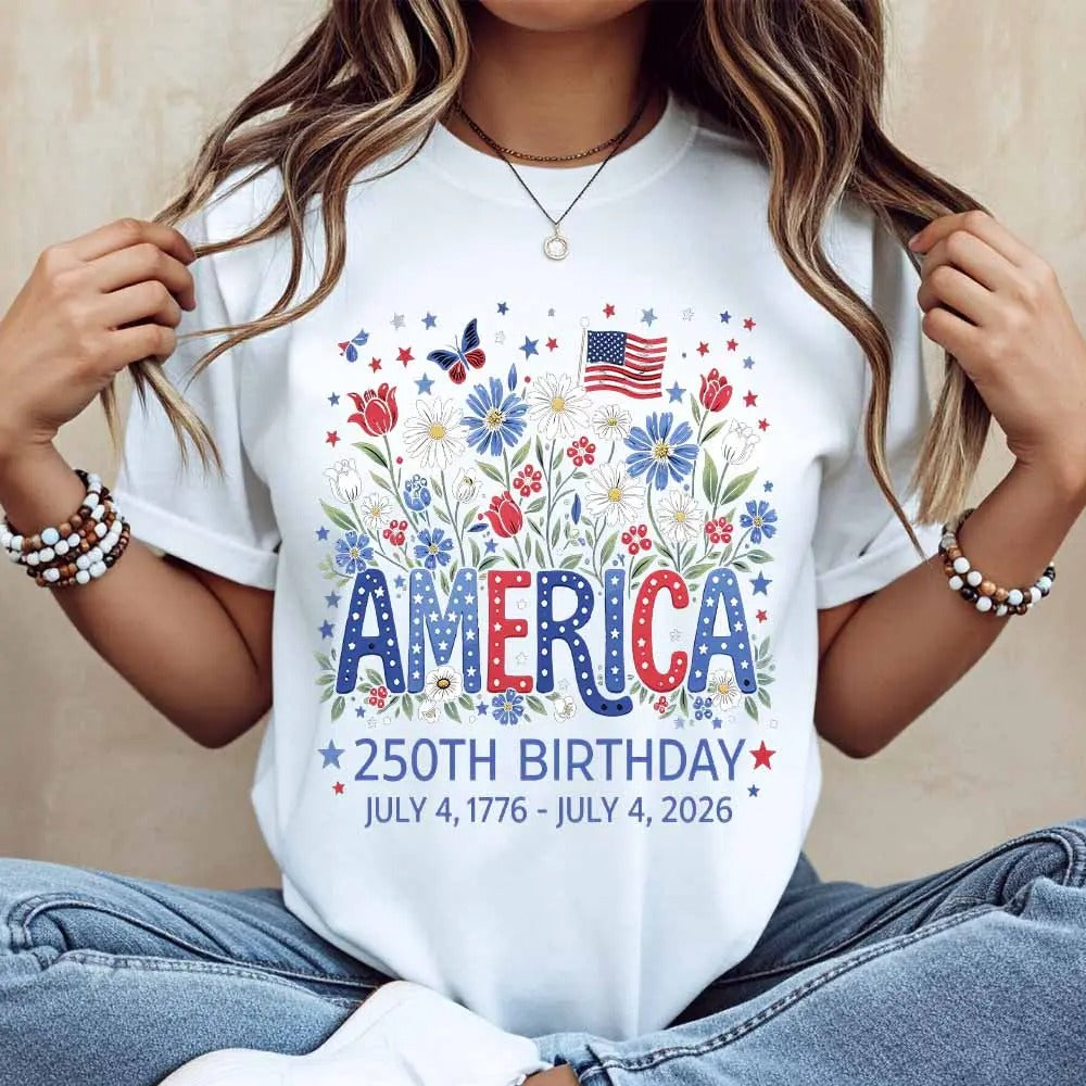 Floral America 250th Birthday July 4 1776 100% Cotton T-Shirt