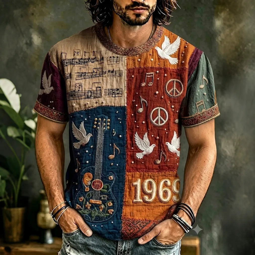Men's Retro Hippie Color Block Pattern Casual Short-sleeve T-shirt
