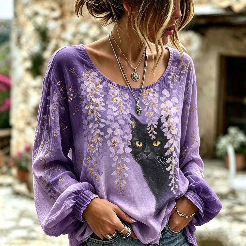 Women's Purple Long-sleeve Wisteria And Black Cat Graphic Print Blouse