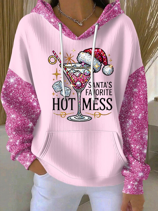 Women's Christmas SANTA'S FAVORITE HOT MESS Print Casual Hooded Sweatshirt