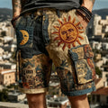 Men's Hippie Star And Moon Patchwork Art Print Work Clothes Shorts