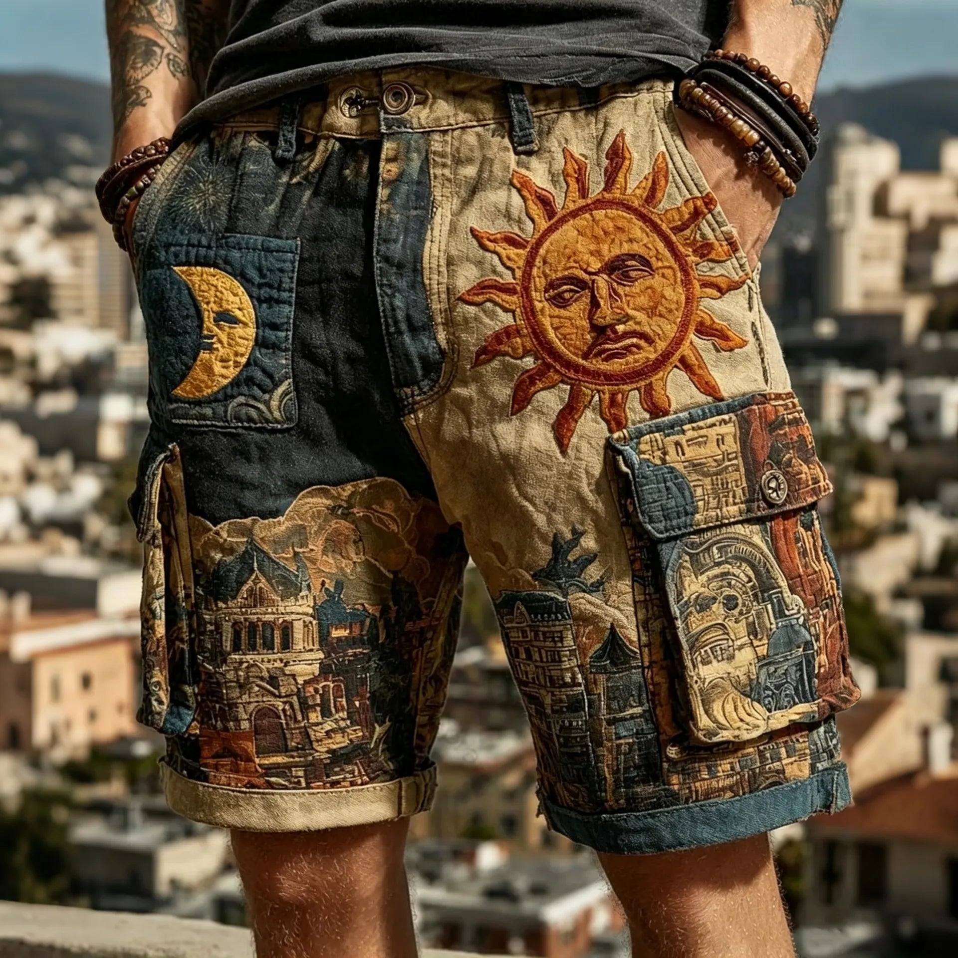 Men's Hippie Star And Moon Patchwork Art Print Work Clothes Shorts