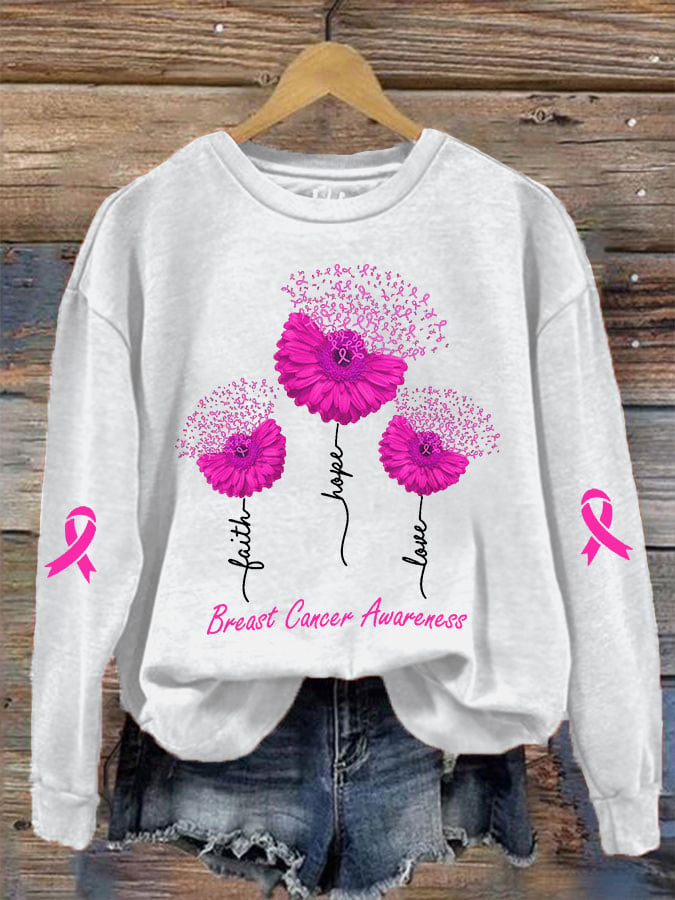 Women's Faith Hope Love Breast Cancer Awareness Daisy Print Crew Neck Sweatshirt