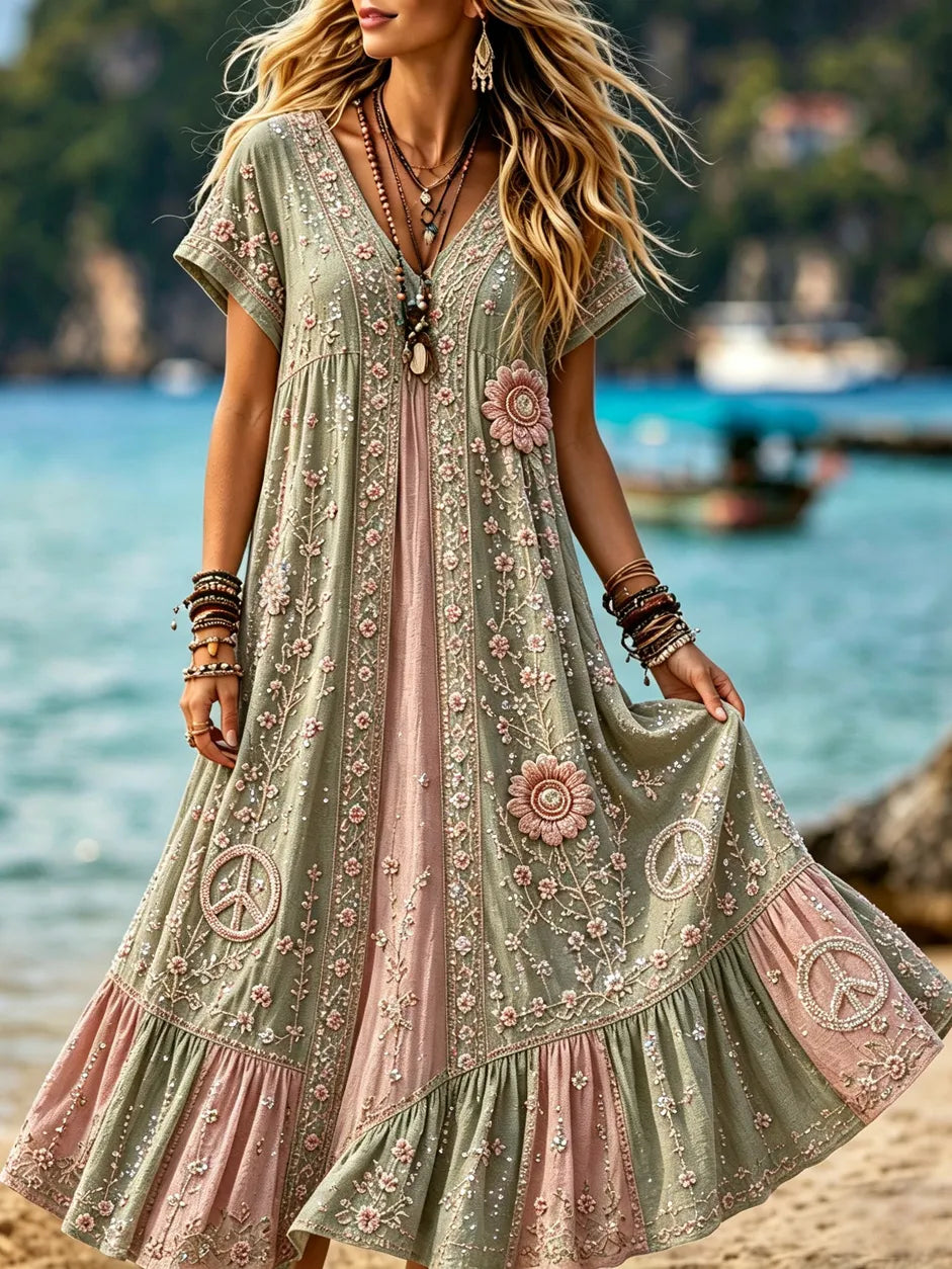 Women's Vintage Hippie Patchwork Floral Embroidery Art V Neck Short Sleeve Maxi Dress