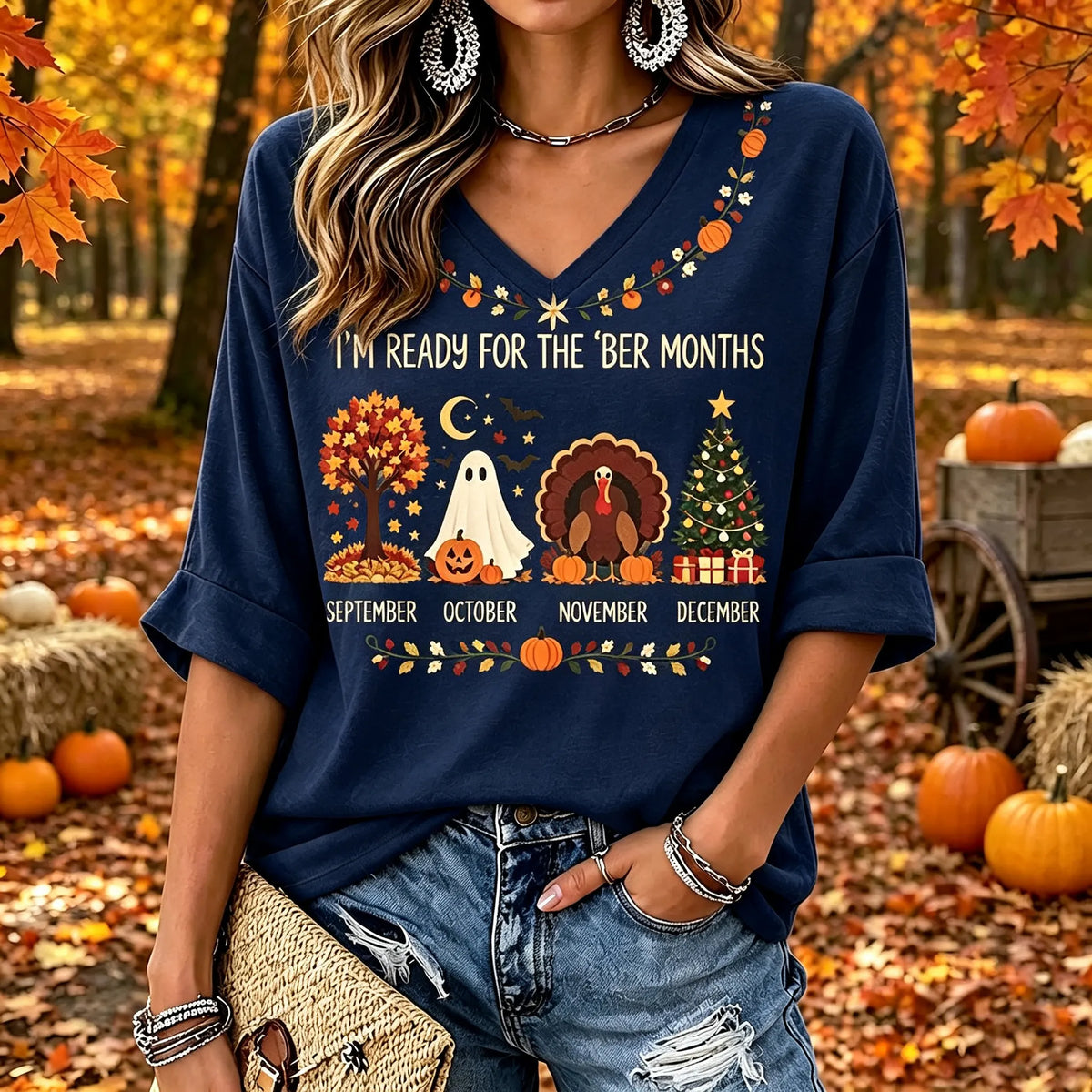 Women's Retro Autumn Casual V-neck T-shirt