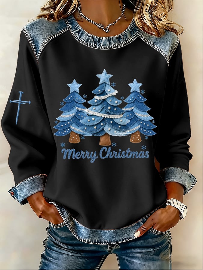 Women's Casual Denim Christmas Tree Print Sweatshirt
