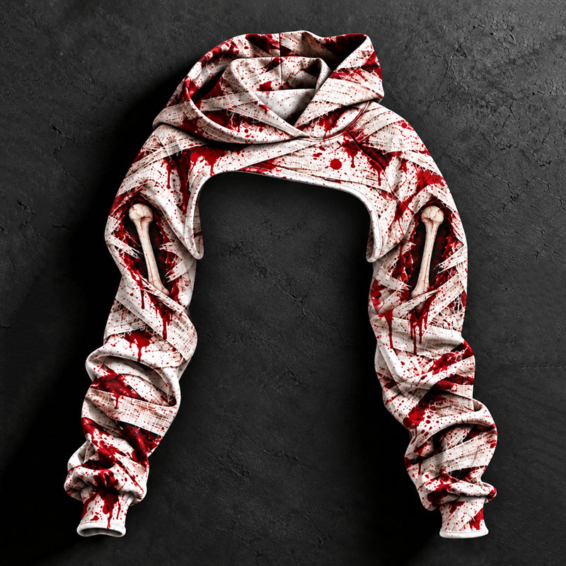 Women's Halloween Bloodstain Lace-up Skeleton Print Hoodie Set