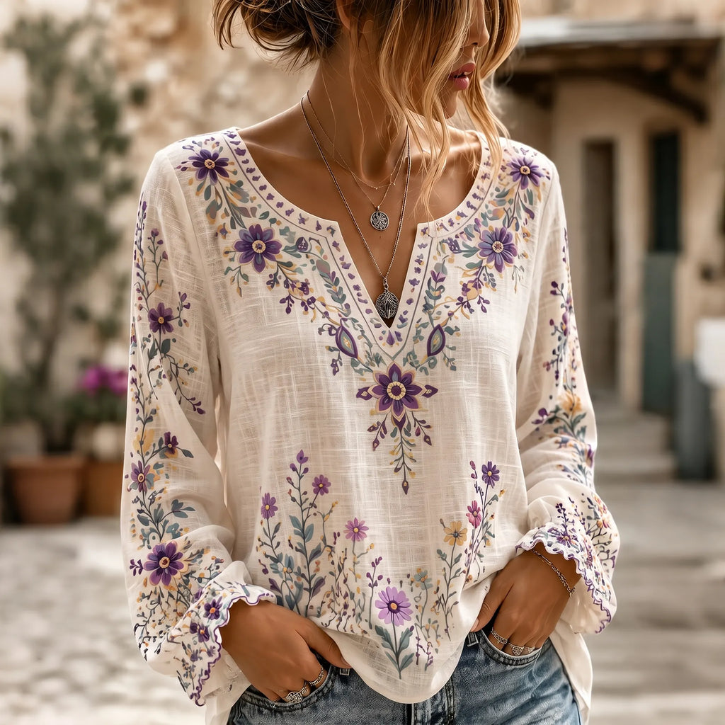 Women's Retro Boho Floral Art Cotton Linen V Neck T-shirt