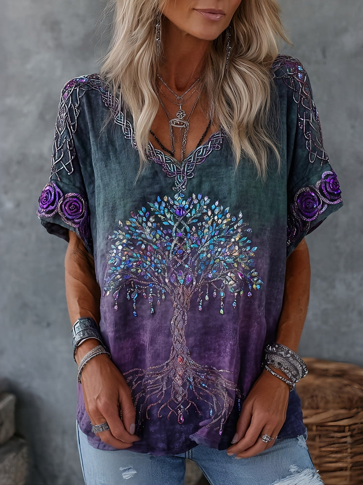Women's Vintage Tree Of Life Floral Gradient Art Flowy Linen Blend Casual Tops