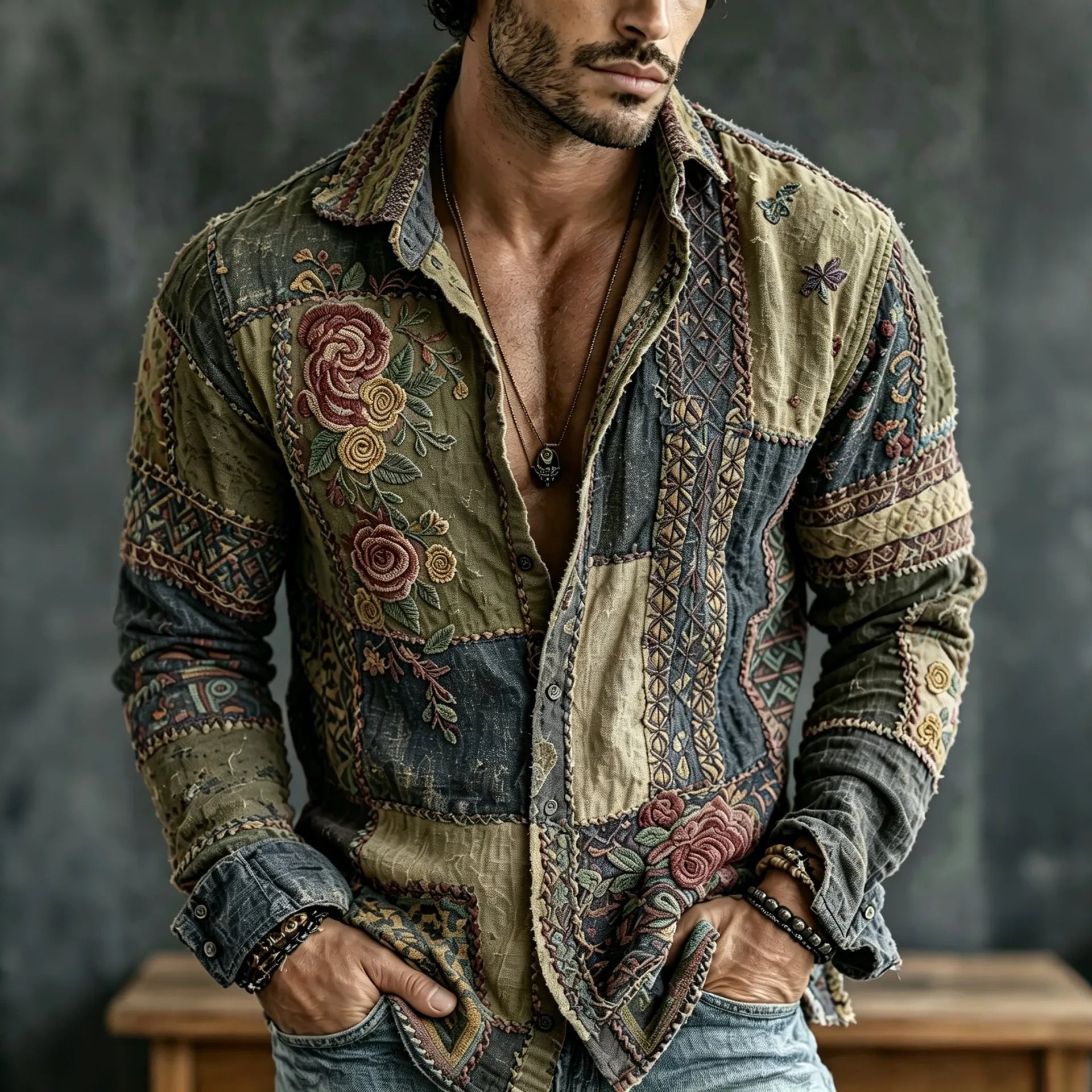Men's Vintage Floral Patchwork Embroidered Art Print Flowy Linen Blend Casual Shirt