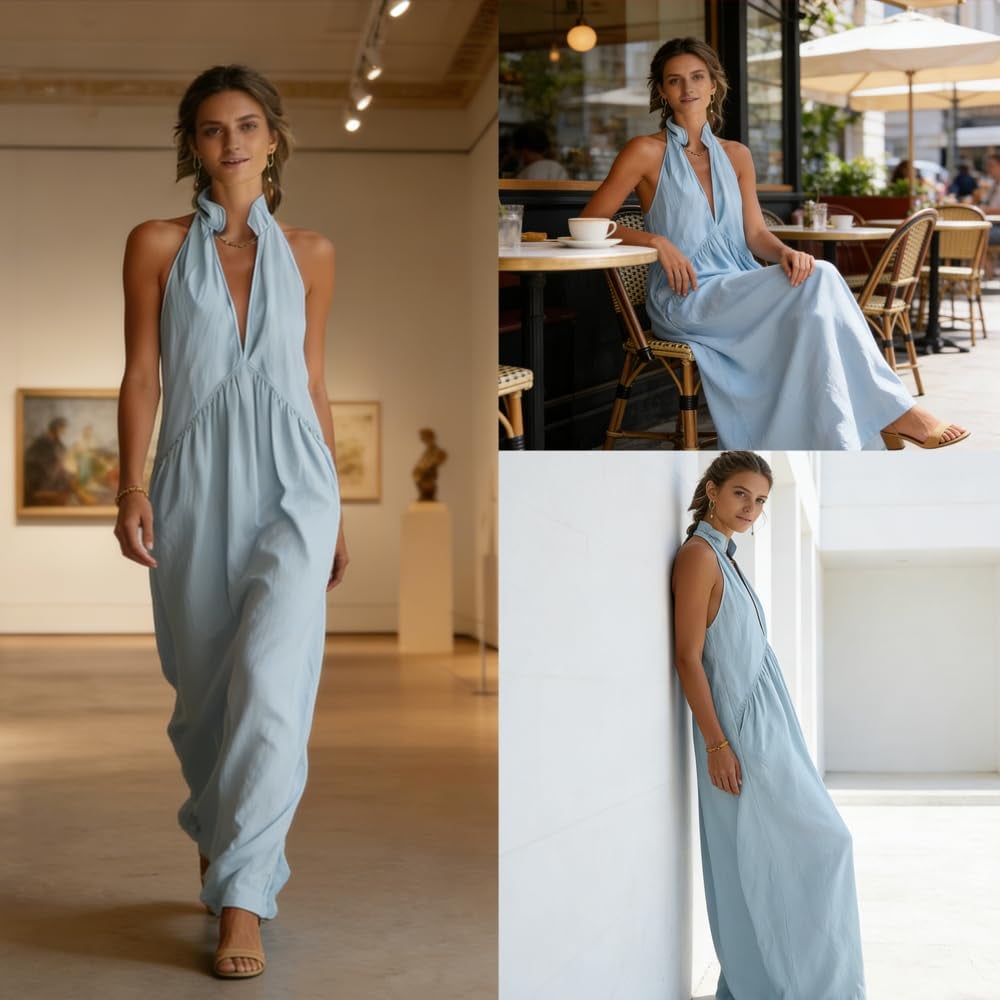 2026 Minimalist Halter Neck Maxi Dress | Casual Loose Fit Summer Dress with Pockets for Women