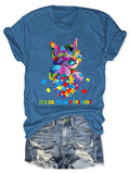 Round Neck Autism Awareness Cat It's Ok To Be Different Print T-Shirt