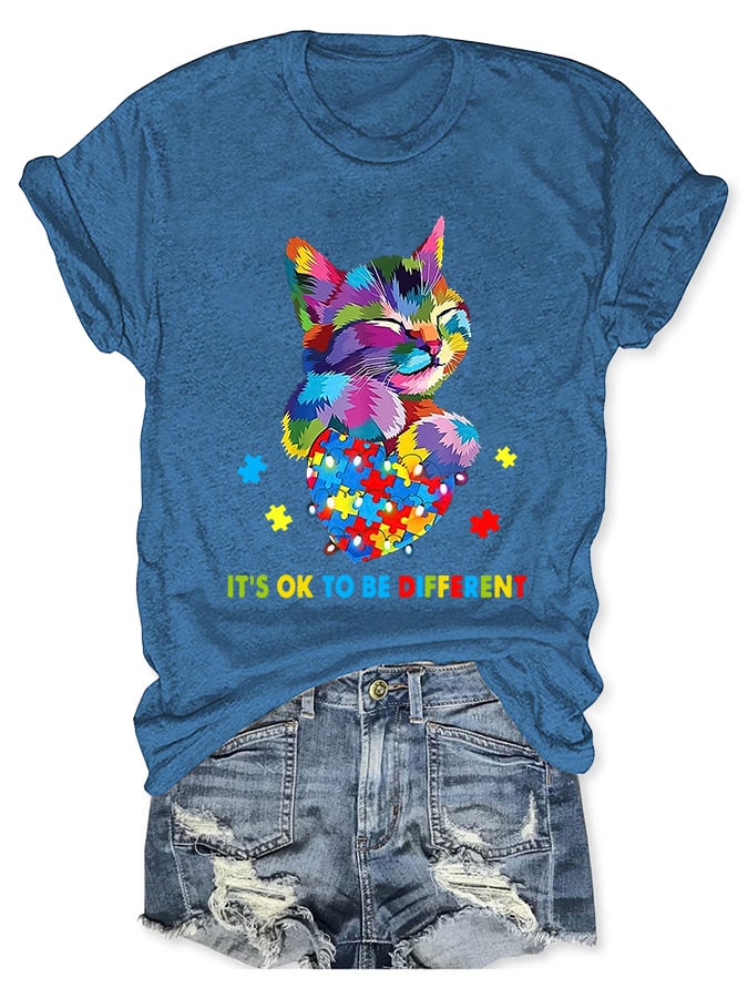 Round Neck Autism Awareness Cat It's Ok To Be Different Print T-Shirt