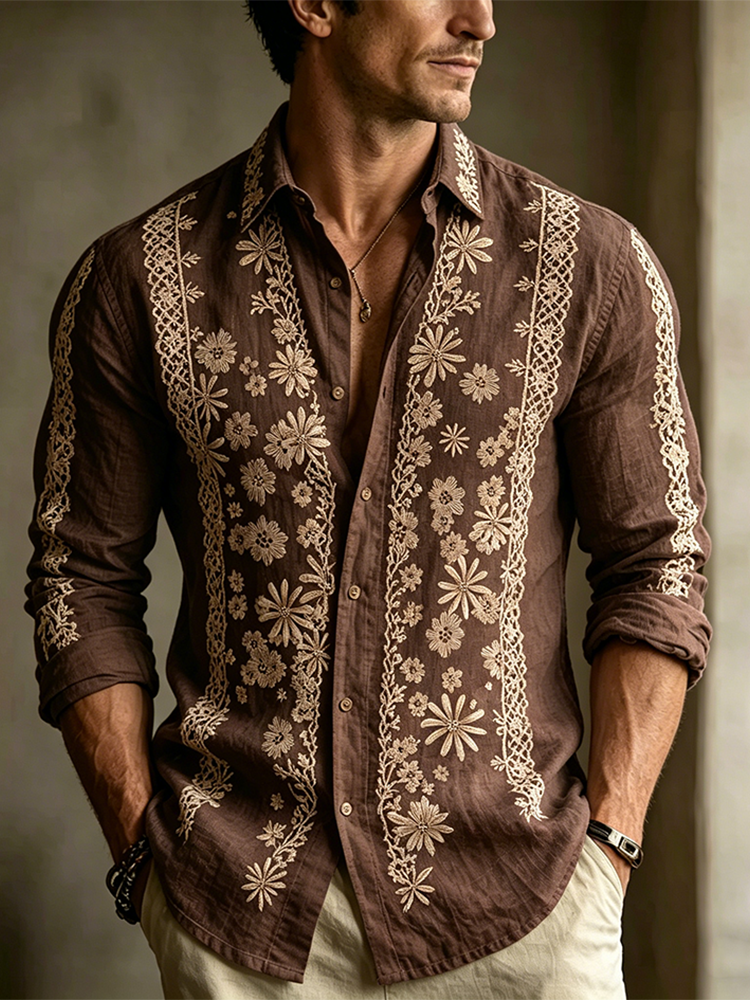 Bohemian Plant Flower Embroidered Pattern Retro Casual Linen Shirt