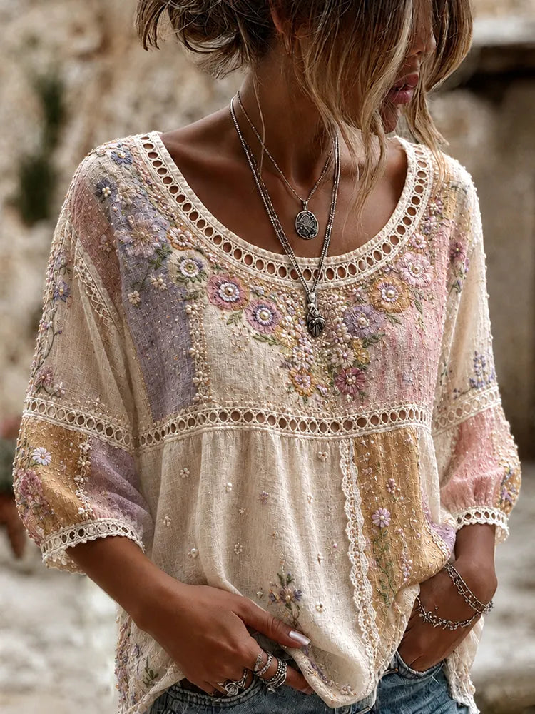 Women's Vintage Boho Floral Embroidered Patchwork Art Crew Neck Linen Blend T-shirt